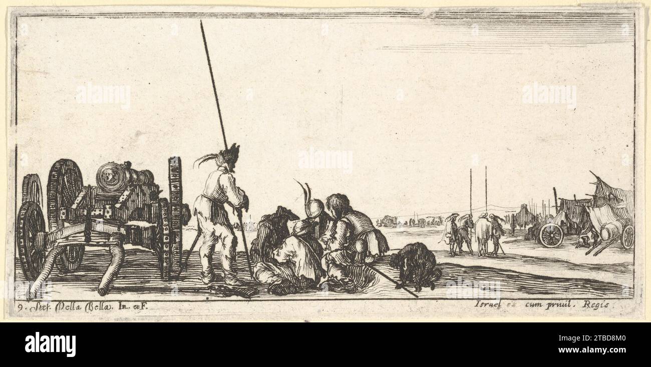 Planche 9 : un char portant un canon à gauche, des soldats au centre jouant aux cartes, de «troupes, canons, et attaques sur les villes» (dessins de quelques conduites de troupes, canons, et ataques de villes) 2012 par Stefano della Bella Banque D'Images