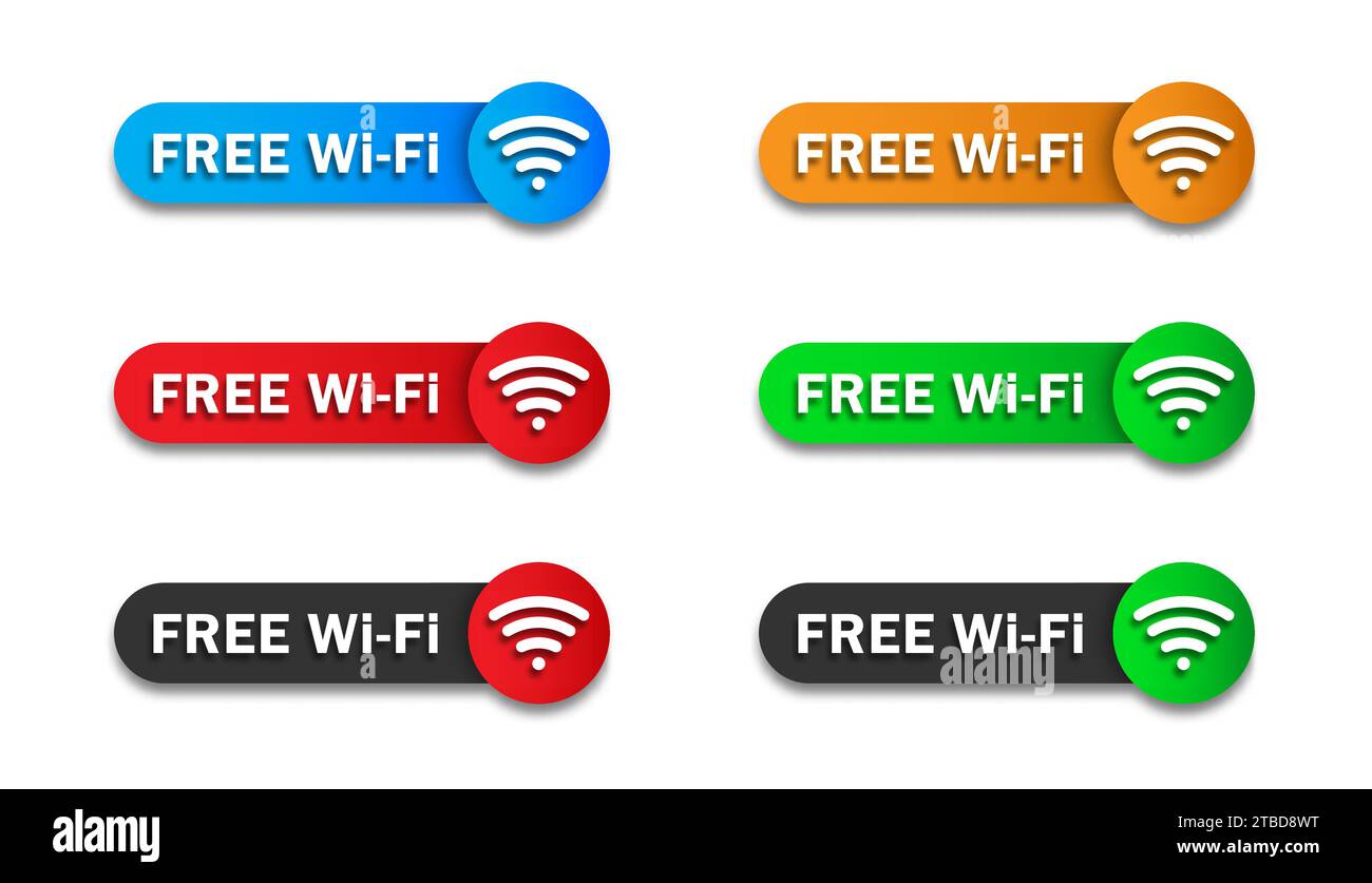Ensemble de bannières WiFi gratuites. Badges colorés avec lettrage et symbole wi-fi. Illustration vectorielle plate Illustration de Vecteur