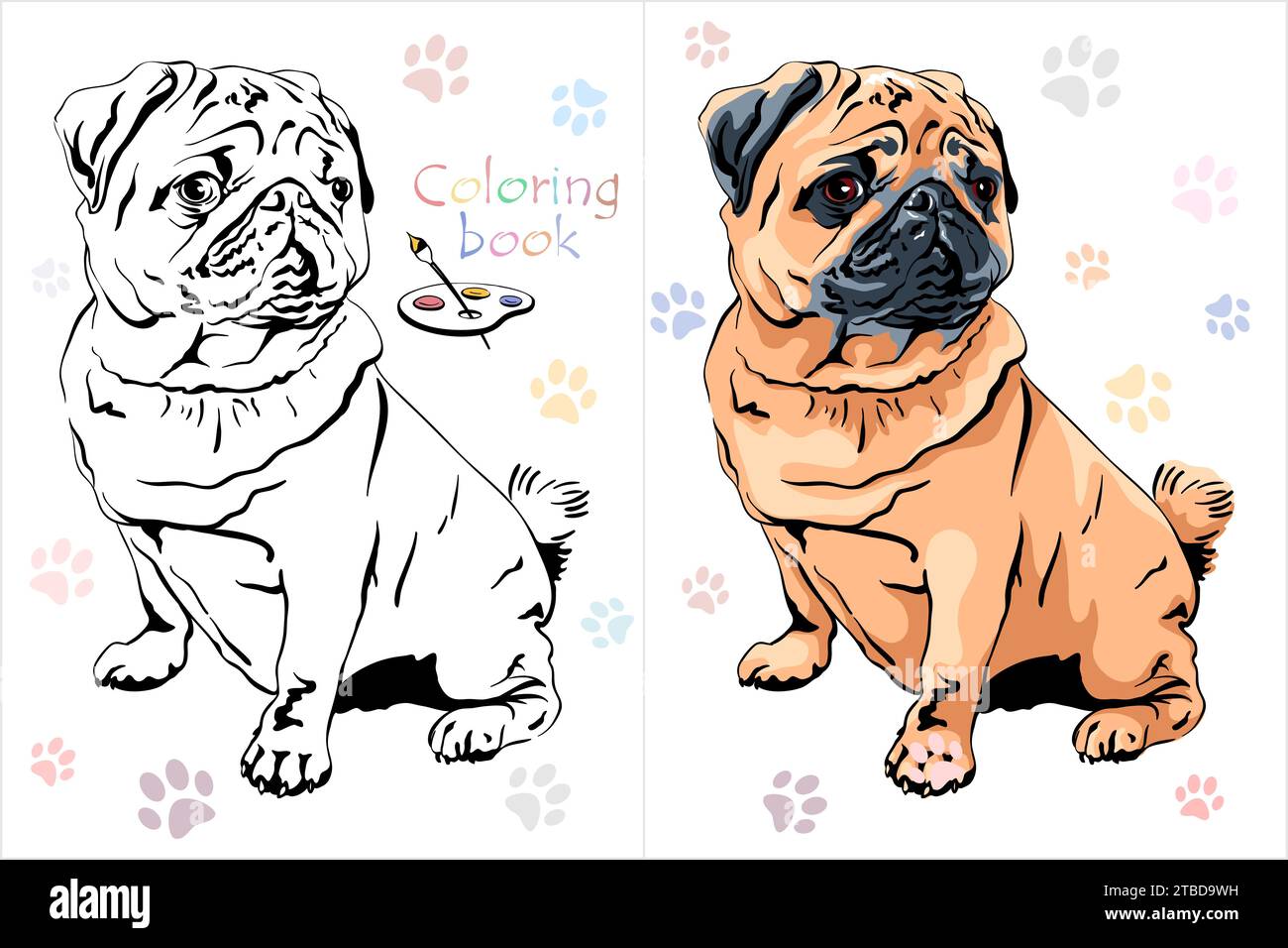 Vector Coloring page de livre 4 Cute chien PUG race abricot couleur faon Illustration de Vecteur
