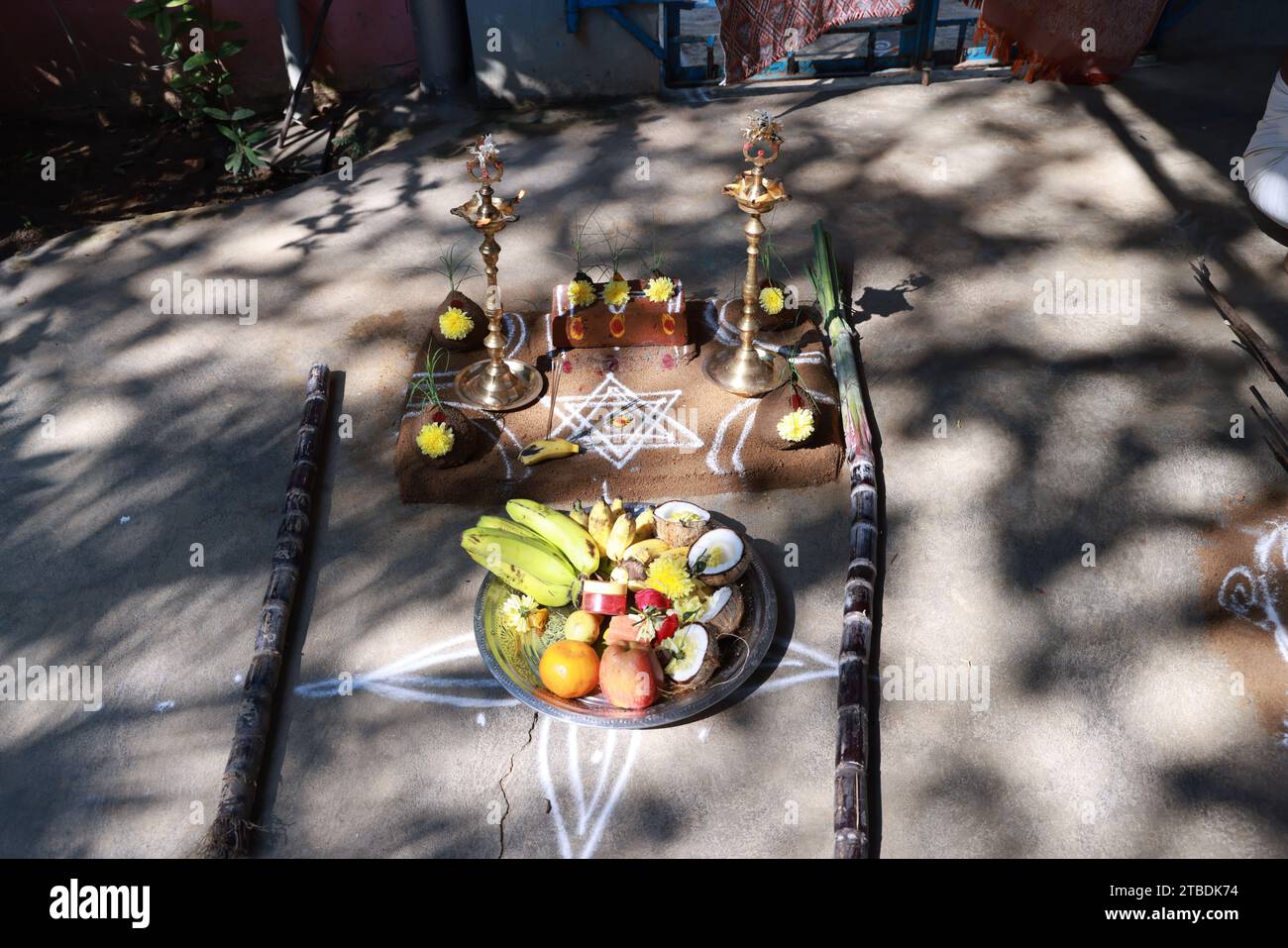 Fête traditionnelle thaïlandaise de Pongal au dieu du soleil avec sakkara ou pongal doux, pot, lampe, poêle à bois et canne à sucre Banque D'Images