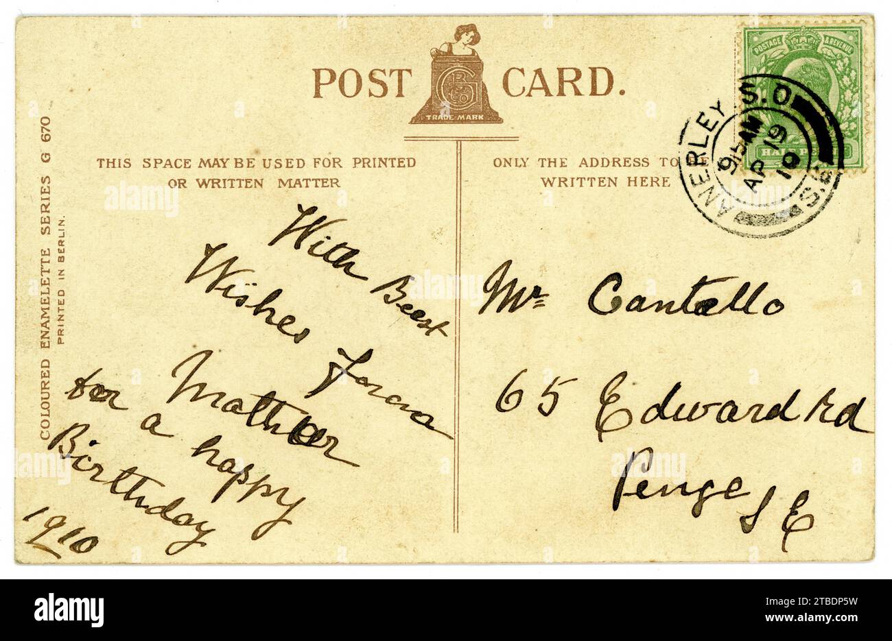 Verso de la carte postale originale de l'ère édouardienne, (timbre vert demi-penny King Edward VII) datée / postée 19 avril 1910, Londres, Royaume-Uni Banque D'Images