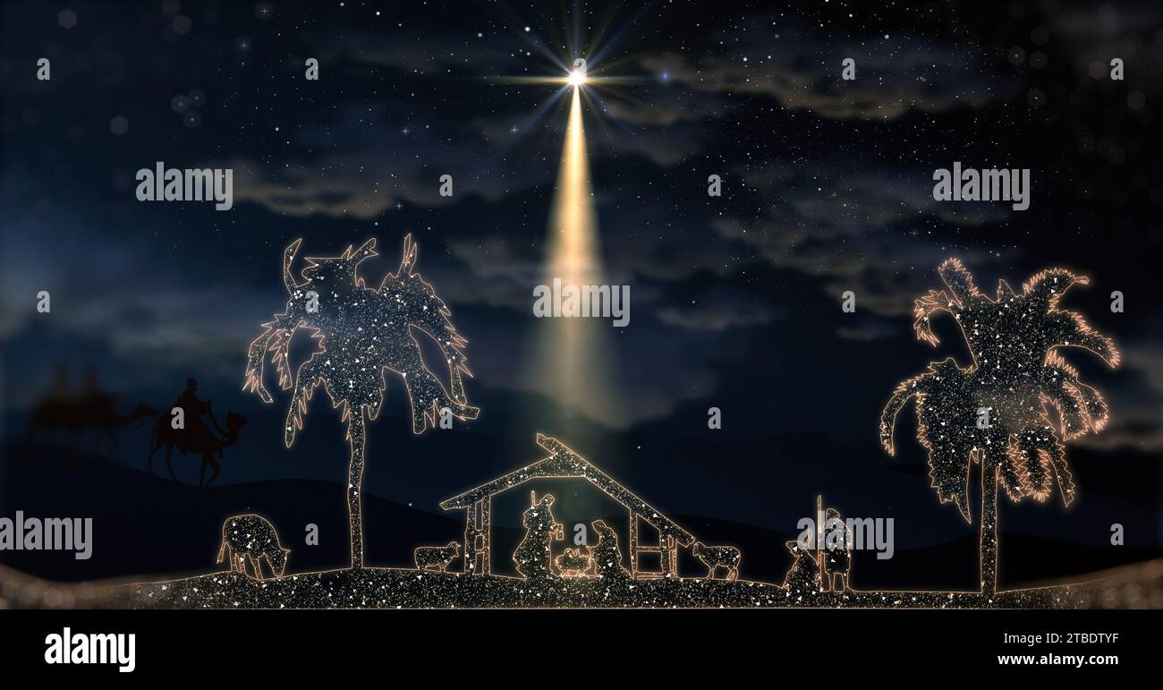 Scène de Noël lumineuse avec étoiles scintillantes et personnages de nativité, mangeoire, animaux et arbres. Nativité Histoire de Noël sous le ciel étoilé et en mouvement W Banque D'Images