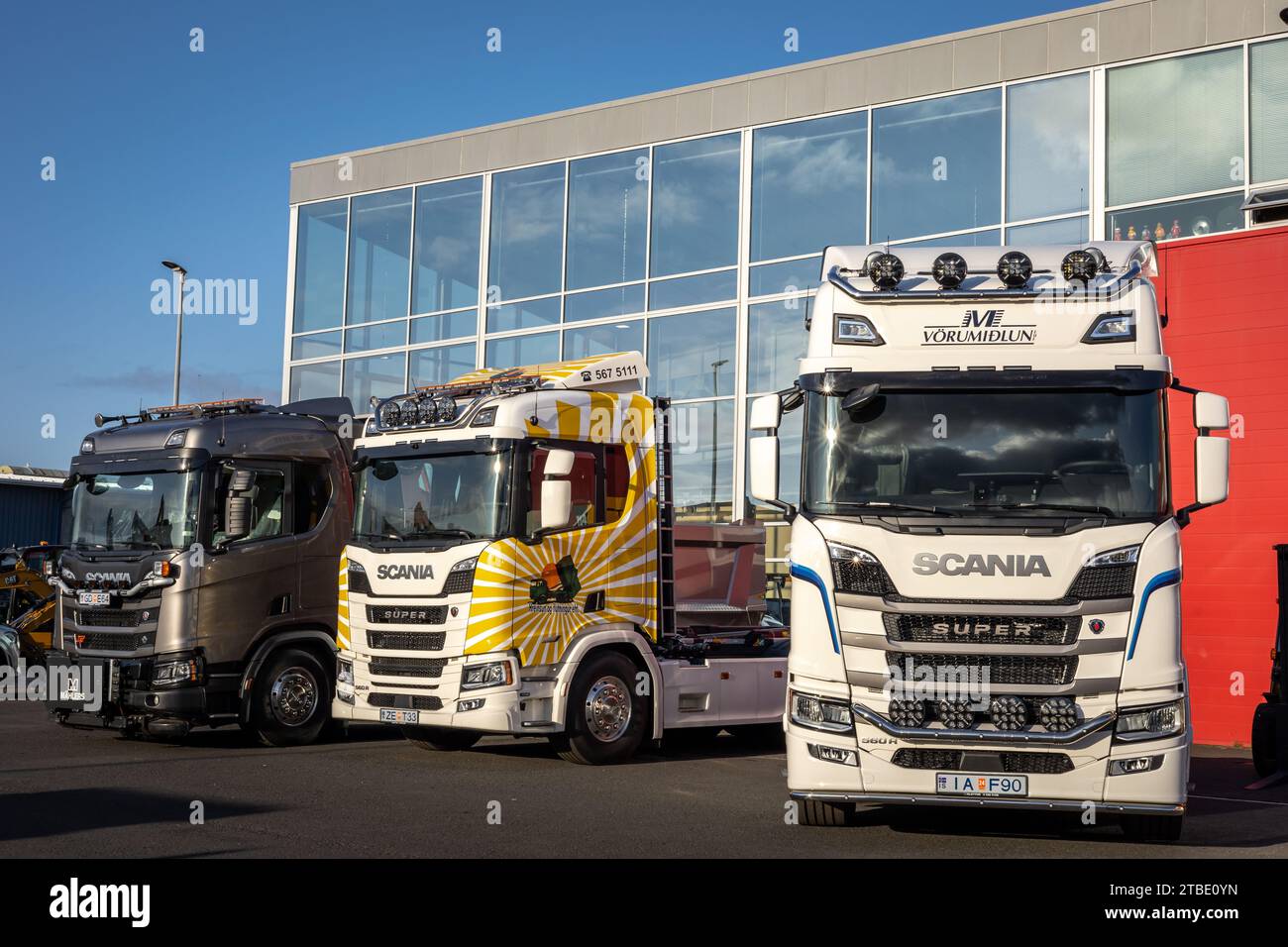 Reykjavik, Islande - 06 octobre 2023 : camions Scania colorés garés à l'extérieur. Banque D'Images