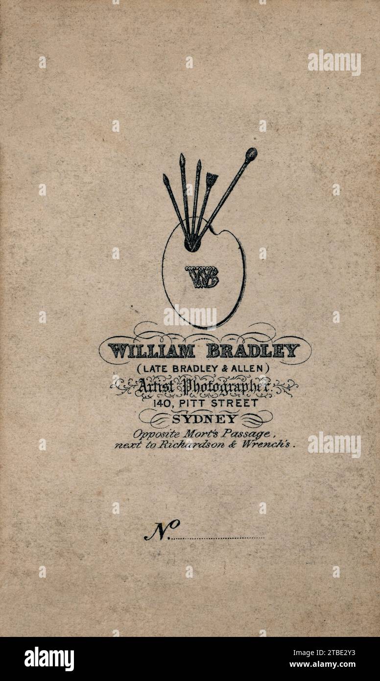 La carte de visite du photographe de studio australien victorien, William Bradley. Banque D'Images