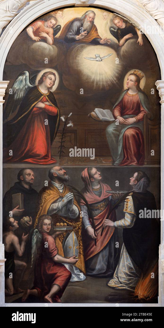 VICENCE, ITALIE - 5 NOVEMBRE 2023 : la peinture de l'onction avec les sanits à Chiesa di Santa Maria dei servi par un artiste inconnu. Banque D'Images