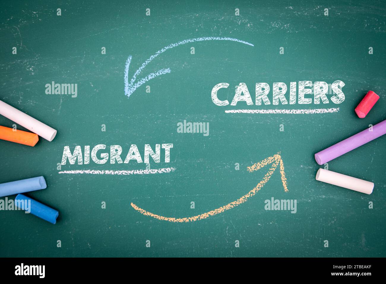 Concept de transporteur de migrants. Texte sur un tableau vert. Banque D'Images