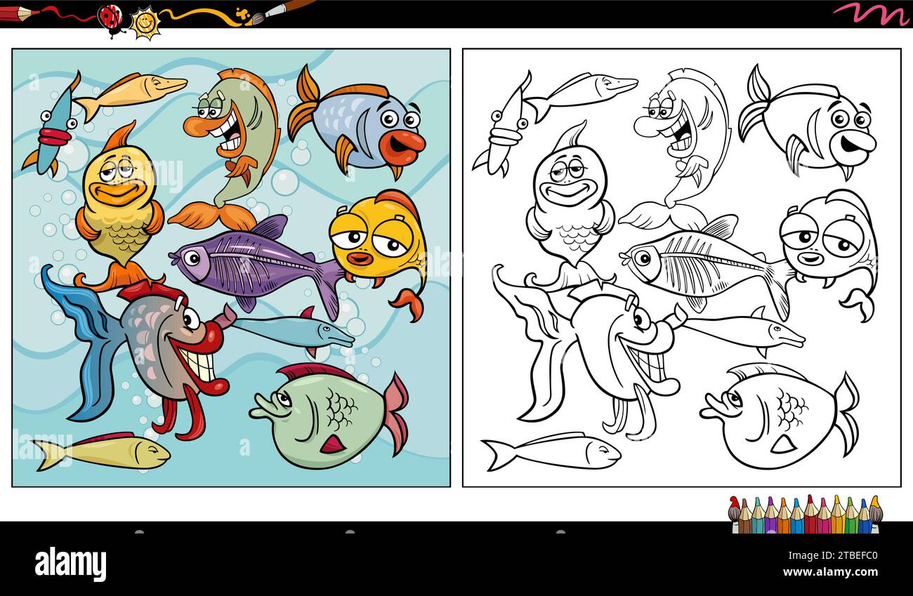 illustration de dessin animé de drôles poissons animaux marins personnages de groupe de coloriage Illustration de Vecteur
