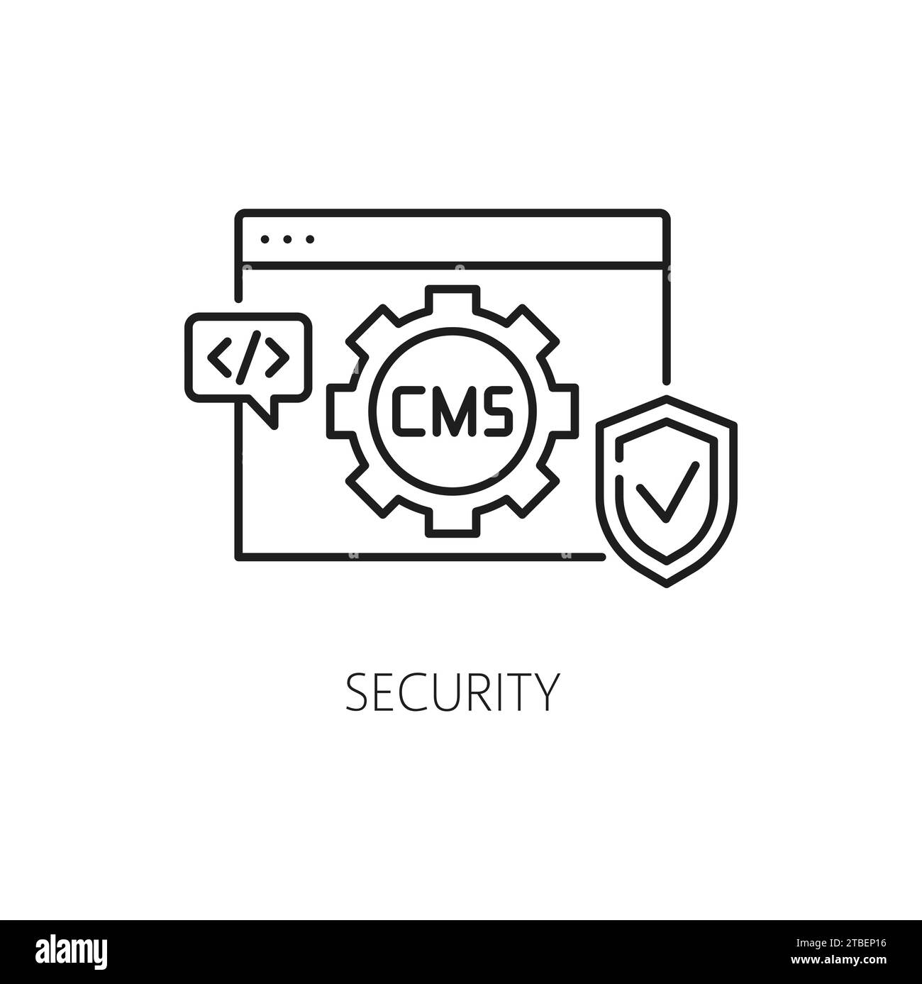 Sécurité, icône du système de gestion de contenu CMS pour la protection des médias numériques et des données, pictogramme de ligne vectorielle. Icône de gestion de la sécurité du contenu multimédia CMS et de sécurité des données utilisateur pour le cryptage du site Web Illustration de Vecteur