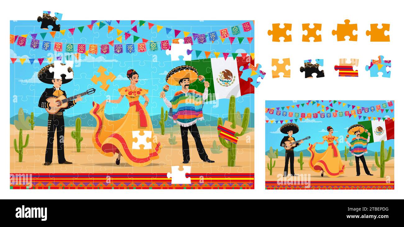 Mariachi, danseuse et charro cow-boy personnages nationaux mexicains. Puzzle pièces de jeu de puzzle vecteur quiz feuille de calcul avec personnages de musiciens de bande dessinée, sombrero, guitare et maracas, drapeau du Mexique et cactus Illustration de Vecteur