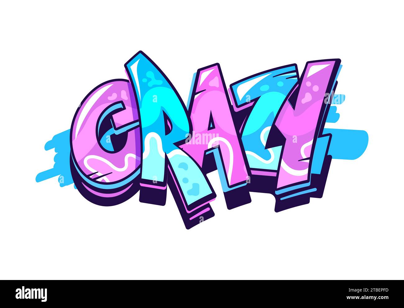 Mot graffiti fou, Street art et lettrage de texte de style urbain avec spray de peinture ou aérographe, vecteur de dessin animé. Mot Crazy avec la peinture bleue violet fuite goutte sur le mur dans le Street art ou le dessin de style hip hop Illustration de Vecteur