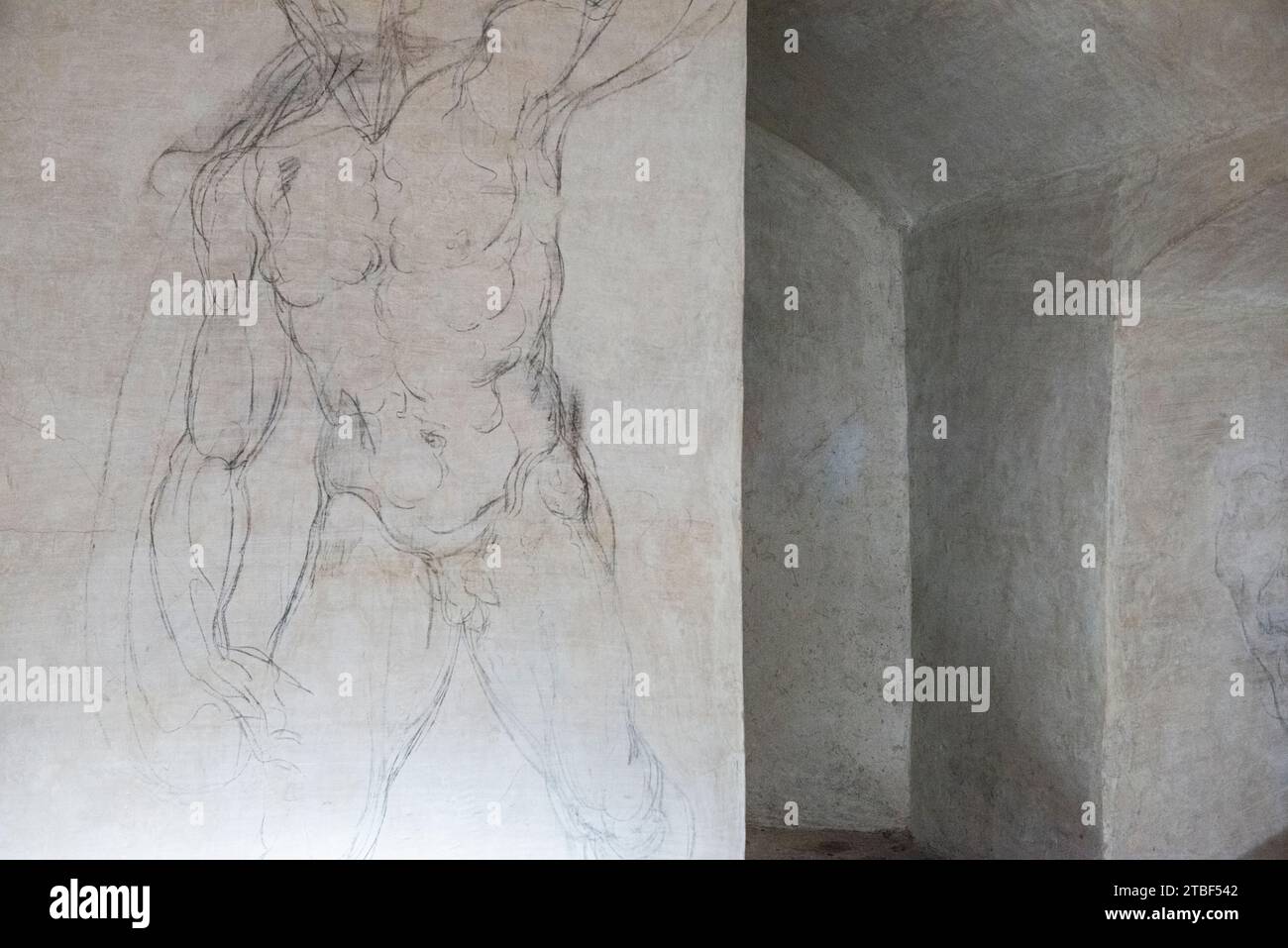 Stanza Segreta ou salle secrète, avec des croquis que l'on pense être les œuvres de Michel-Ange, sous le Musée des chapelles des Médicis à Florence, en Italie Banque D'Images
