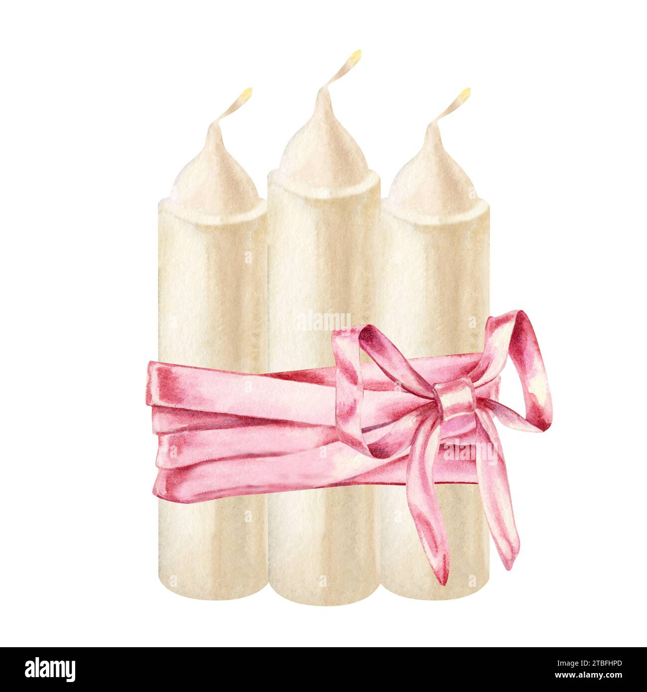 Bougies blanches aquarelle avec noeud rose pour illustrations pour Noël, bougie, mariage, anniversaire, Pâques, magie, journée commémorative, spa et détente Banque D'Images