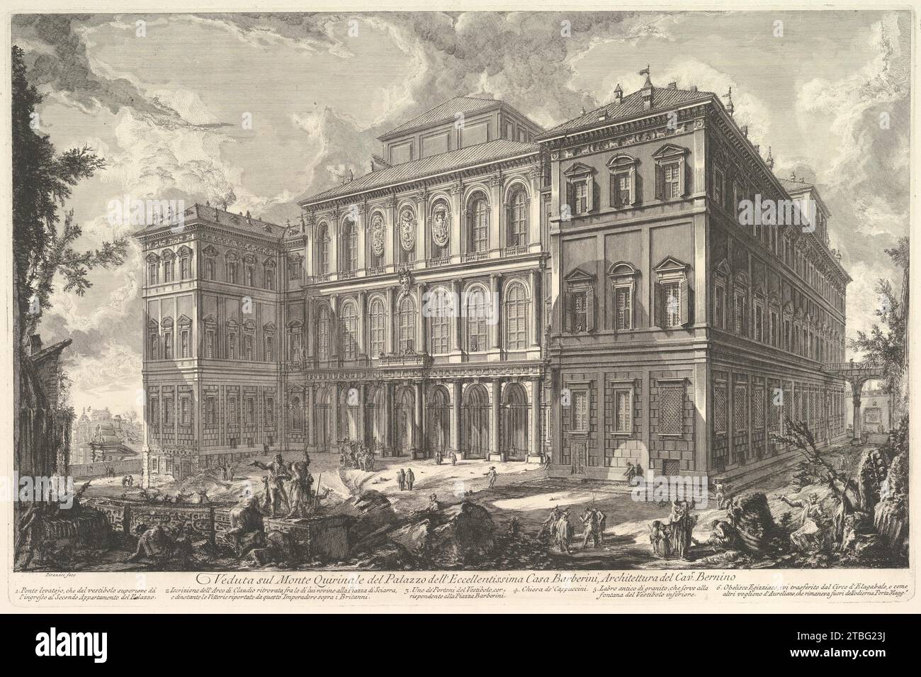 Vue du palais de l'illustre famille Barberini sur la colline du Quirinal, conçu par Cavaliere Bernini, de Vedute di Roma (vues romaines) 1955 par Giovanni Battista Piranesi Banque D'Images