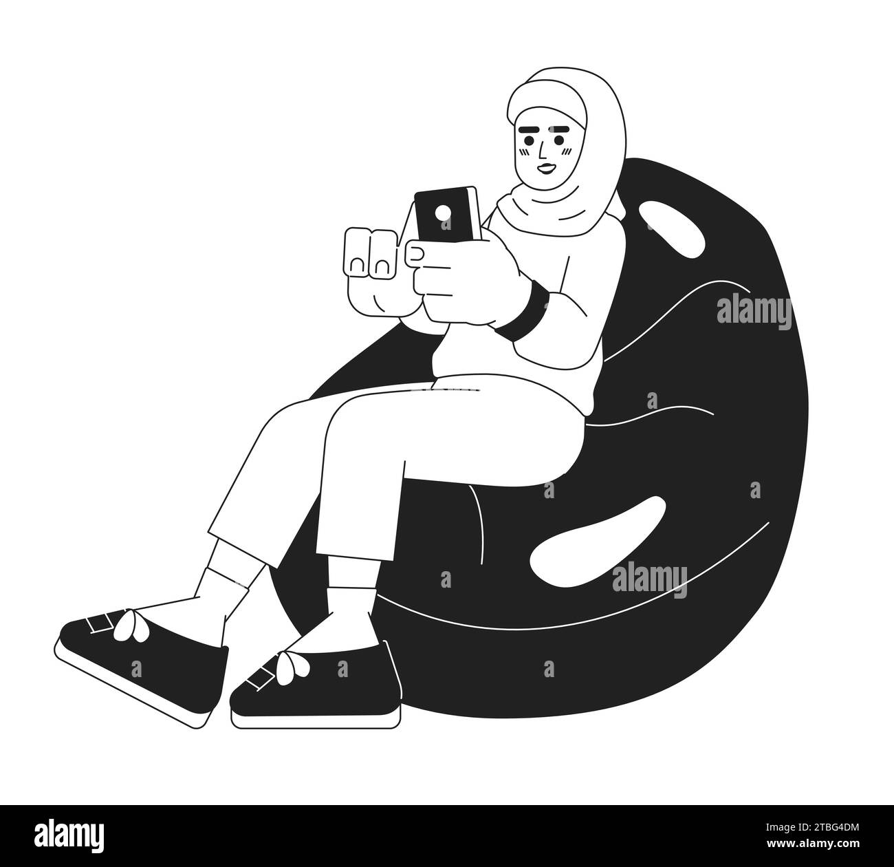 Femme musulmane assise pouf avec téléphone dessin animé noir et blanc illustration plate Illustration de Vecteur