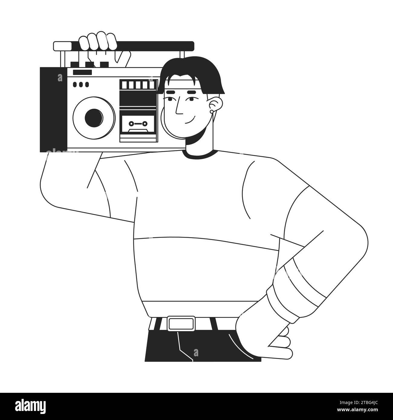 Cool garçon coréen tenant boombox sur l'épaule noir et blanc personnage de dessin animé de ligne 2D Illustration de Vecteur