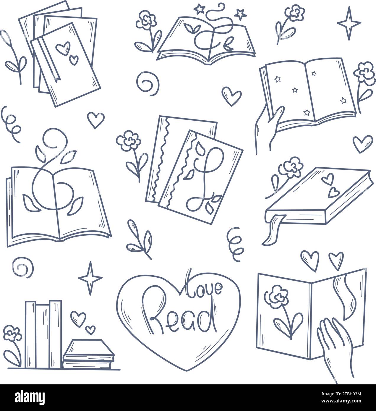 Jeu de style croquis pour la lecture et les livres. Illustration mignonne de ligne d'encre pour livre, manuel, magazine et publication imprimée. Icône simple de livre de contour Illustration de Vecteur