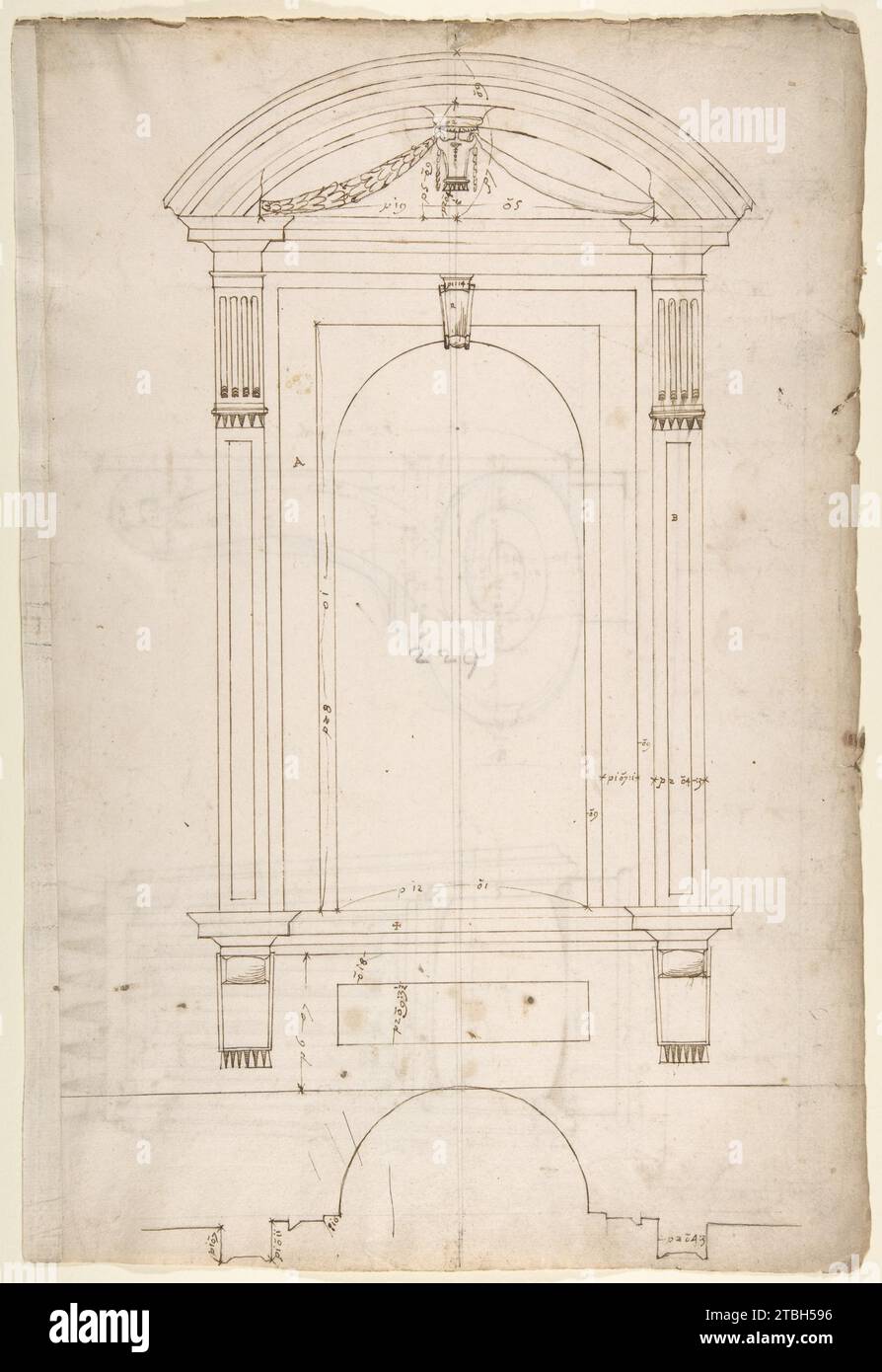 St. Peter's, abside, détails de niche extérieure (recto) St Peter's, abside, élévation de niche extérieure et profil de console à défilement, élévation de colonne (verso) 1949 par Anonyme, Français, 16e siècle Banque D'Images