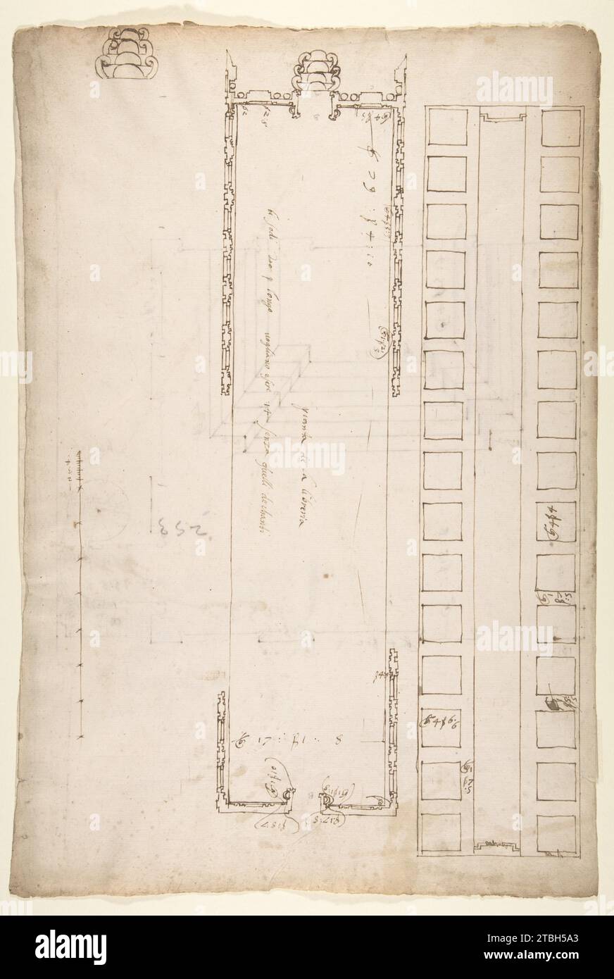 San Lorenzo, Bibliothèque, plan ; plan de plafond réfléchi ; escalier, détail (recto) San Lorenzo, Ricetto, plan (verso) 1949 de Anonyme, Français, 16e siècle Banque D'Images