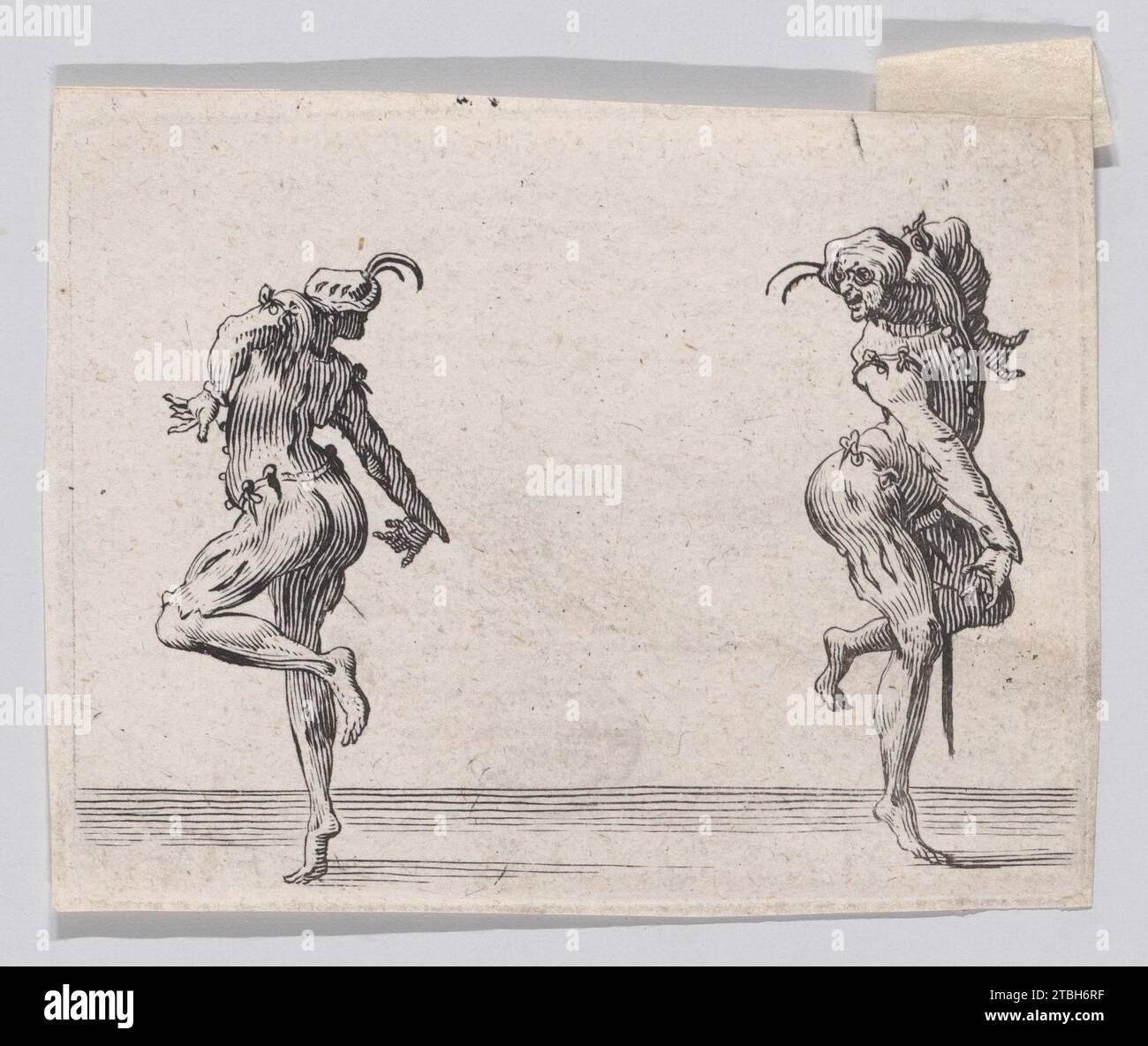 Copie inversée de les deux pantalons se tournant le dos (deux hommes en tailleurs détournés l'un de l'autre), tirée de 'les Caprices' 1917 de Jacques Callot Banque D'Images