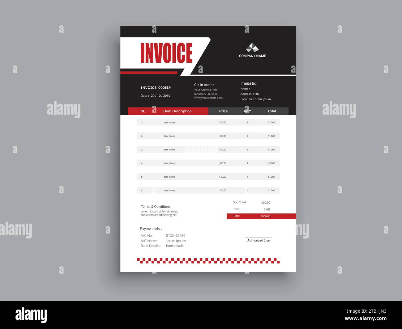 Conception de facture. Modèle de formulaire de facture commerciale. Devis de facturation, factures ou listes de prix et modèles de conception d'accords de paiement. Conception de formulaire fiscal Illustration de Vecteur