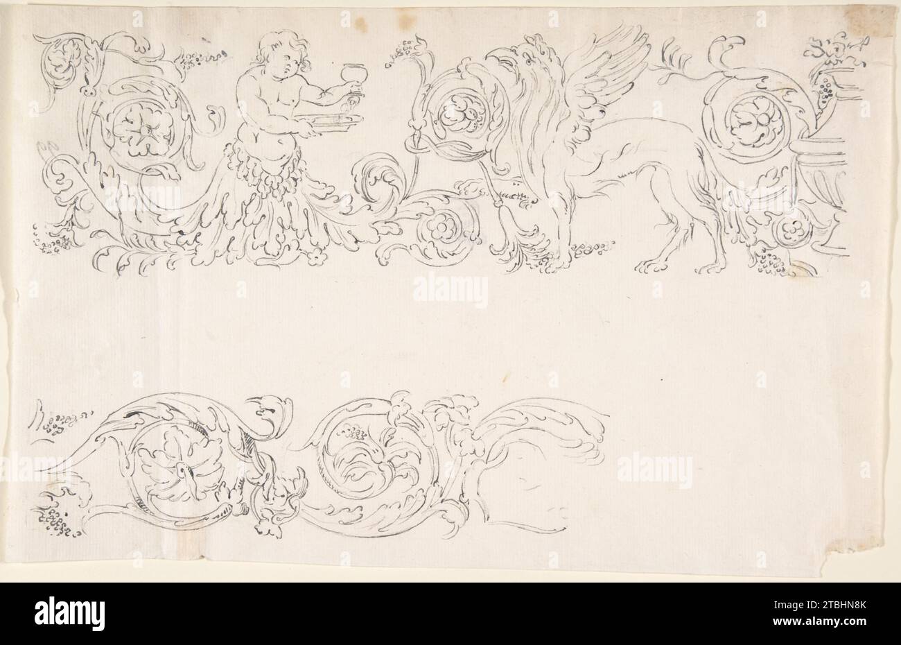 Dessins pour les bordures décoratives avec ornementation florale et un putto et Griffin 1963 par Anonymous, Italien, 17e siècle Banque D'Images