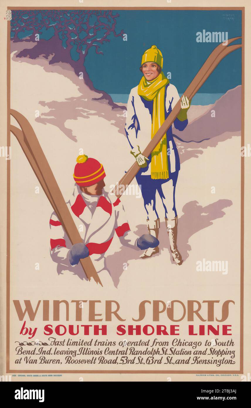 Affiche de voyage américaine ancienne - Sports d'hiver par South Shore Line, 1929 - affiche de voyage américaine - affiche de chemin de fer - skieurs vintage Banque D'Images