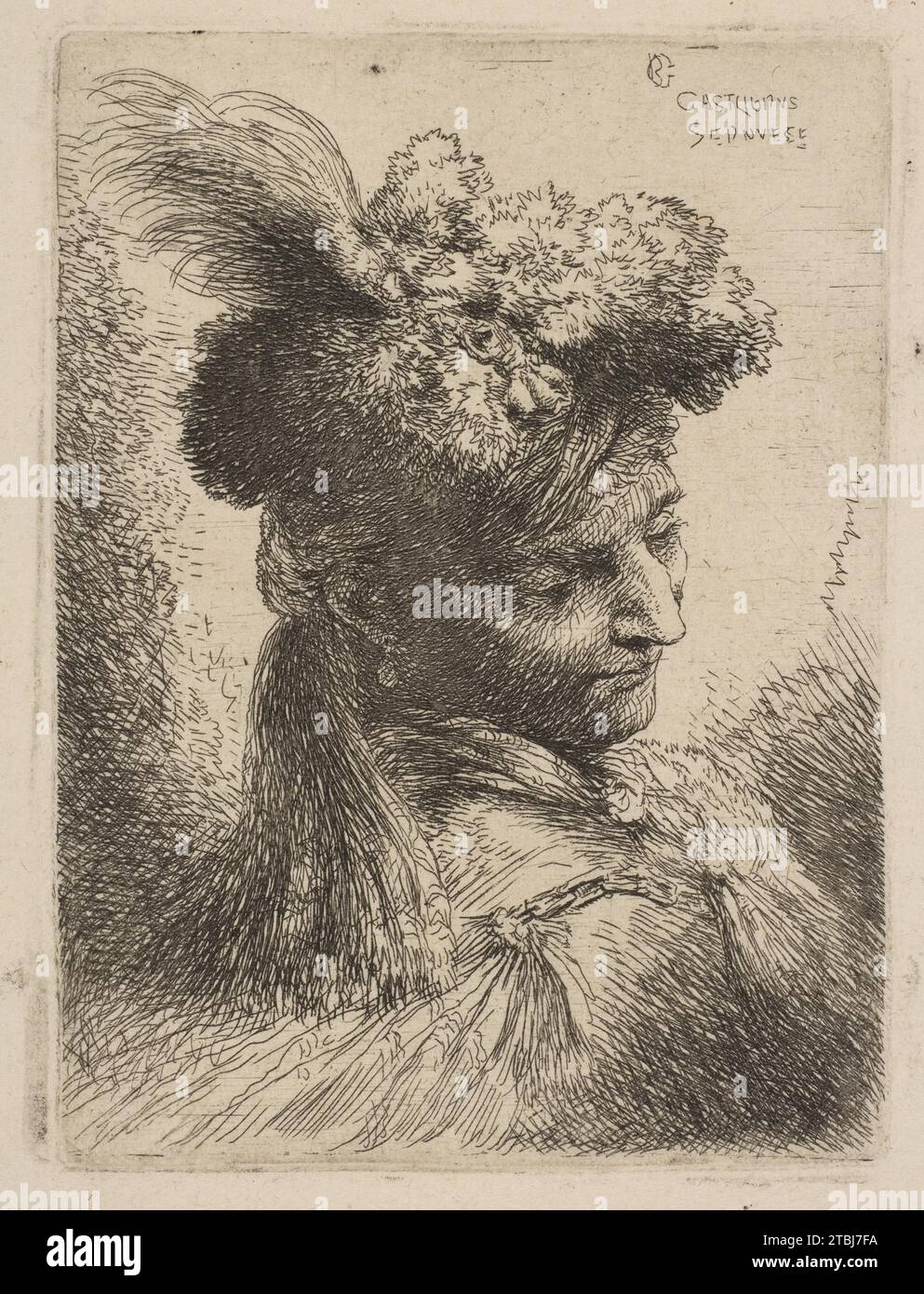 Jeune homme faisant face aux trois quarts à droite portant une coiffe de fourrure avec un panache, un bijou et un bandeau, extrait de 'Petites têtes en coiffe orientale' 2005 par Giovanni Benedetto Castiglione (il Grechetto) Banque D'Images