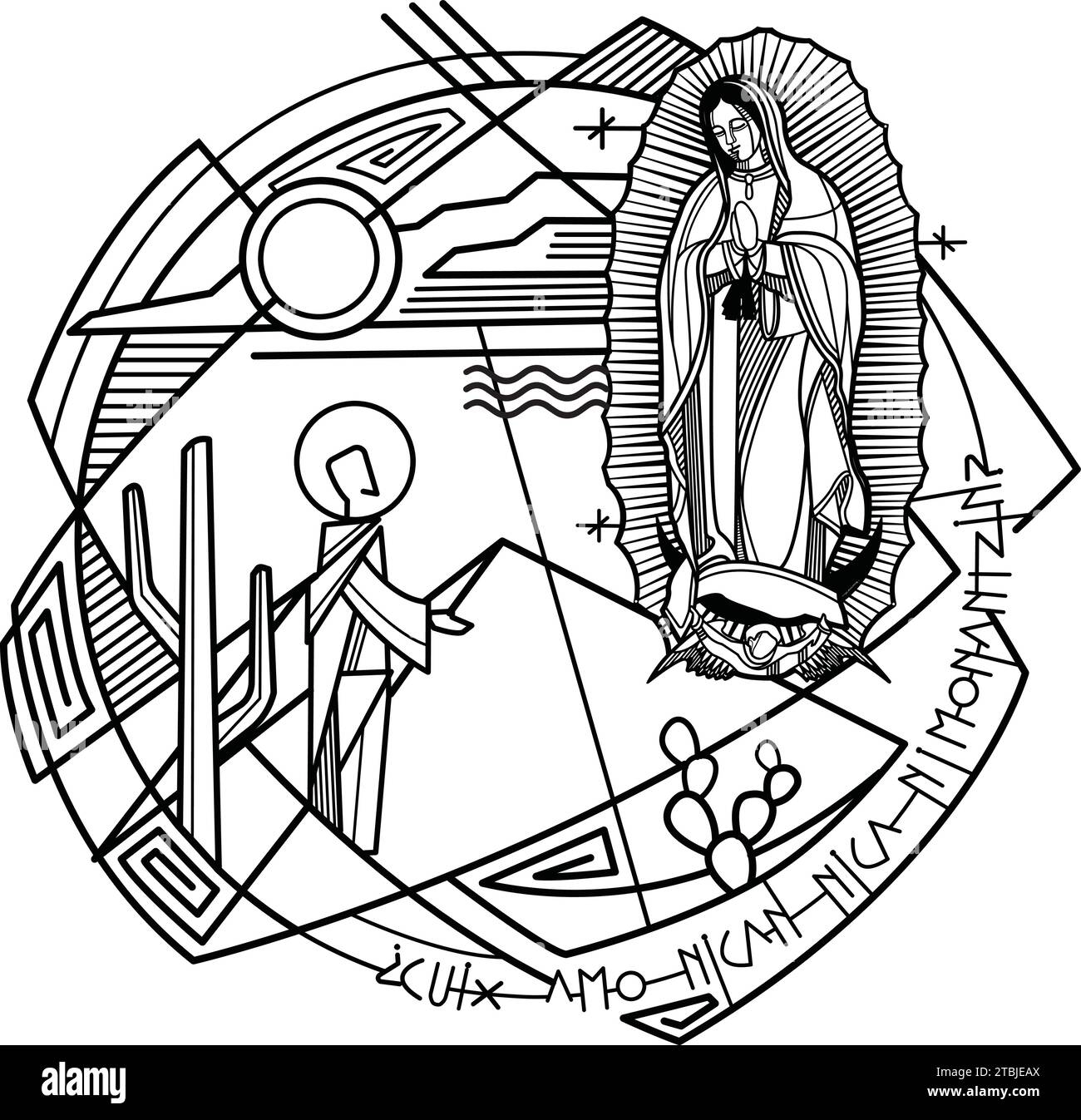 Illustration vectorielle dessinée à la main ou dessin de la Vierge Marie de Guadalupe et Saint Juan Diego et une phrase en nahuatl qui signifie : im ici, votre mère Illustration de Vecteur