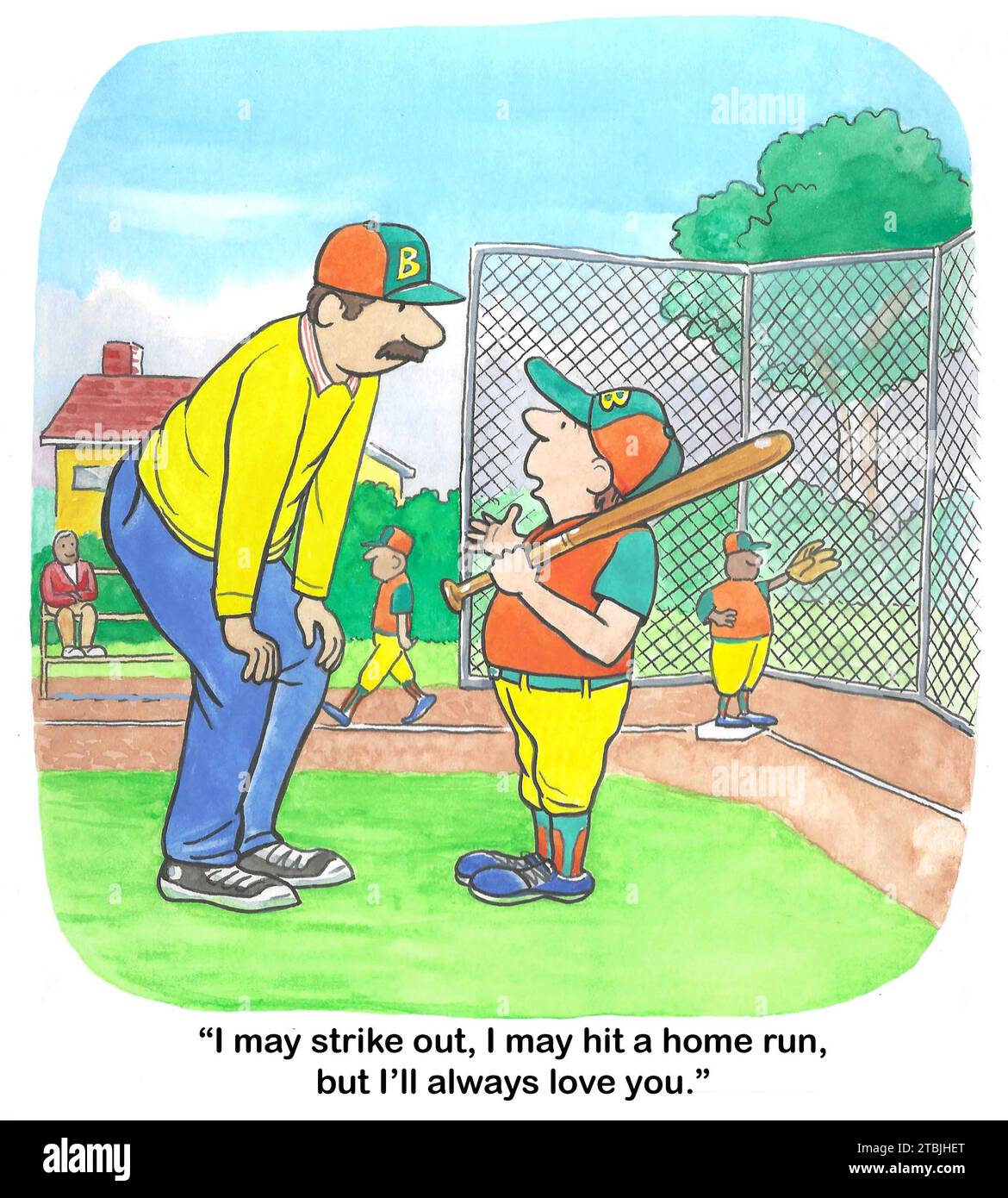 Dessin animé en couleur de rôles familiaux inversés - le fils dit au père «Je t'aimerai toujours», même si je ne fais pas bien en softball. Banque D'Images