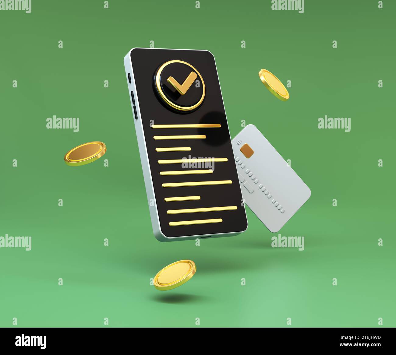 Concept de paiement en ligne. Téléphone portable avec facture sur écran noir, carte bancaire et pièces de monnaie. Facture numérique et chèque de paie, paiement de facture, finance d'entreprise, Banque D'Images