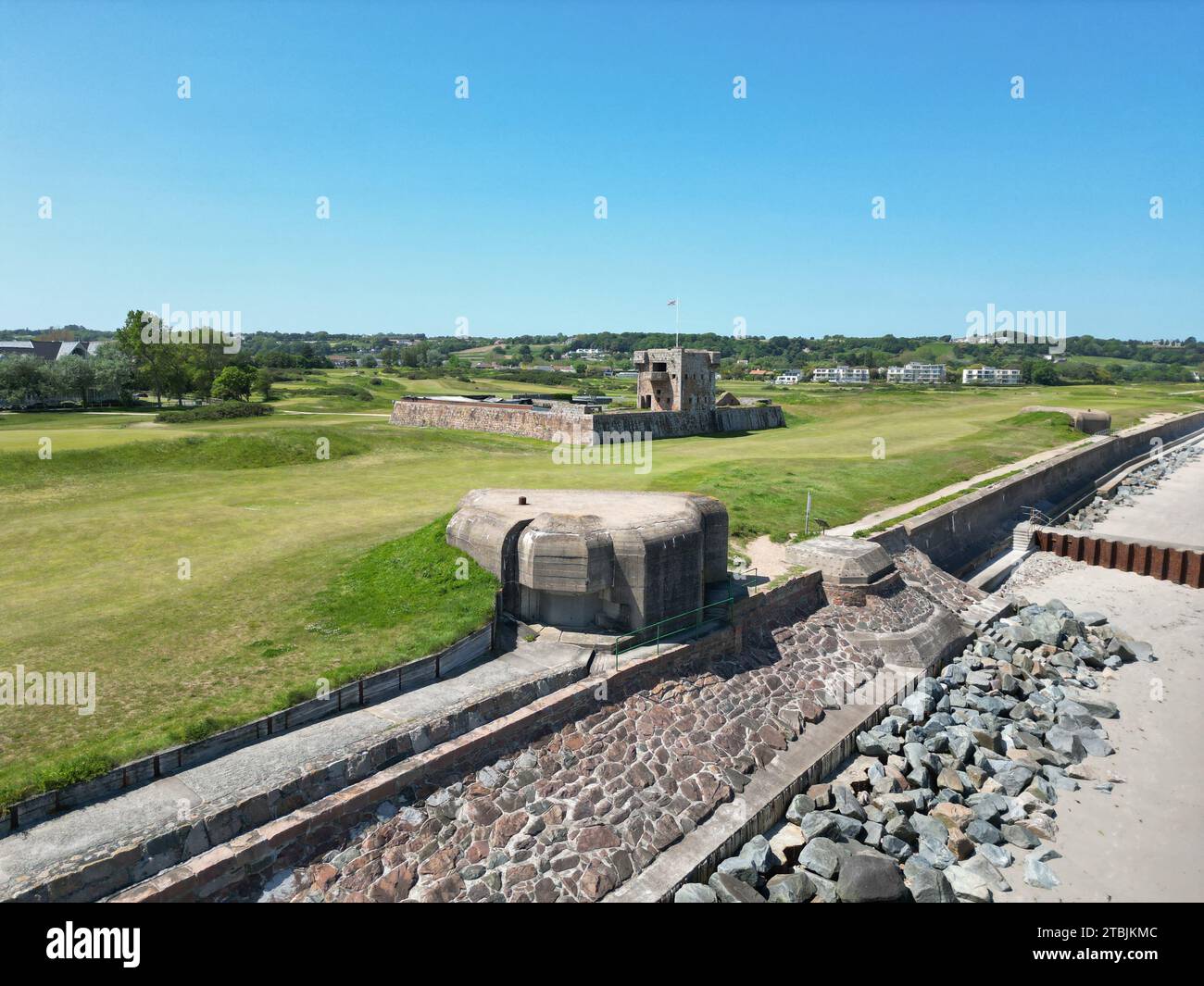 WW2 Bunkers allemands Gorey Jersey drone, aérien Banque D'Images