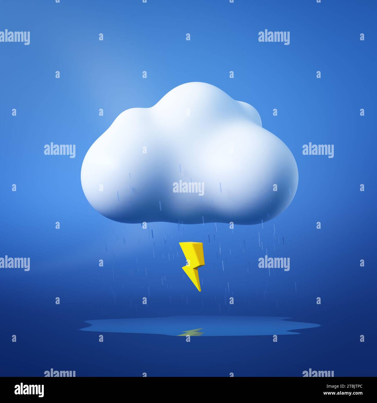 Nuage doux blanc avec Zip et pluie isolé sur fond bleu doux. Style Minimalism de dessin animé. Concept météo. Illustration de rendu 3D. Banque D'Images