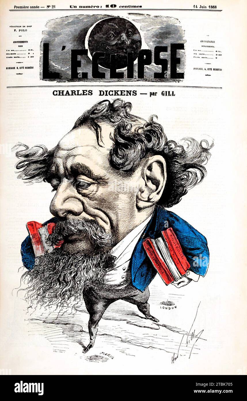 1868 , Paris , FRANCE : l'écrivain britannique CHARLES DICKENS ( 1812 - 1870 ) en voyage par la Manche vers la France , caricature sur le magazine satyrique français l'ECLIPSE , 14 juin 1868 . Portrait caricatural d'André GILL ( 1840 - 1885 ). - LETTERATO - SCRITTORE - LETTERATURA - Littérature - HISTOIRE - FOTO STORICHE - incisione- gravure - illustrazione - illustration - CARICATURA SATIRICA - SATIRA - copertina di rivista illustrata - couverture de magazine - DESSIN ANIMÉ --- ARCHIVIO GBB Banque D'Images