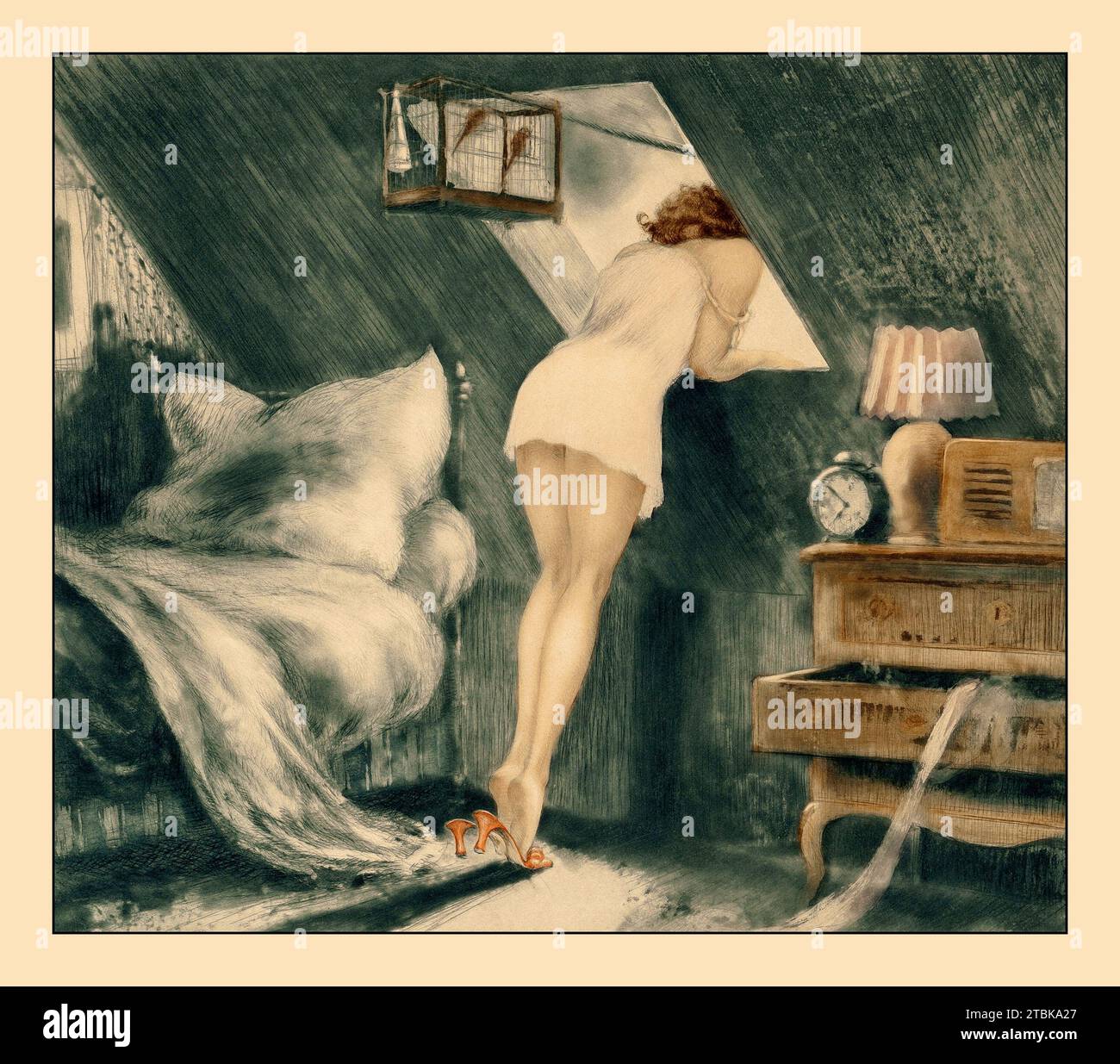 Chambre grenier, 1940. Une femme regarde par la fenêtre de sa chambre mansardée." Banque D'Images