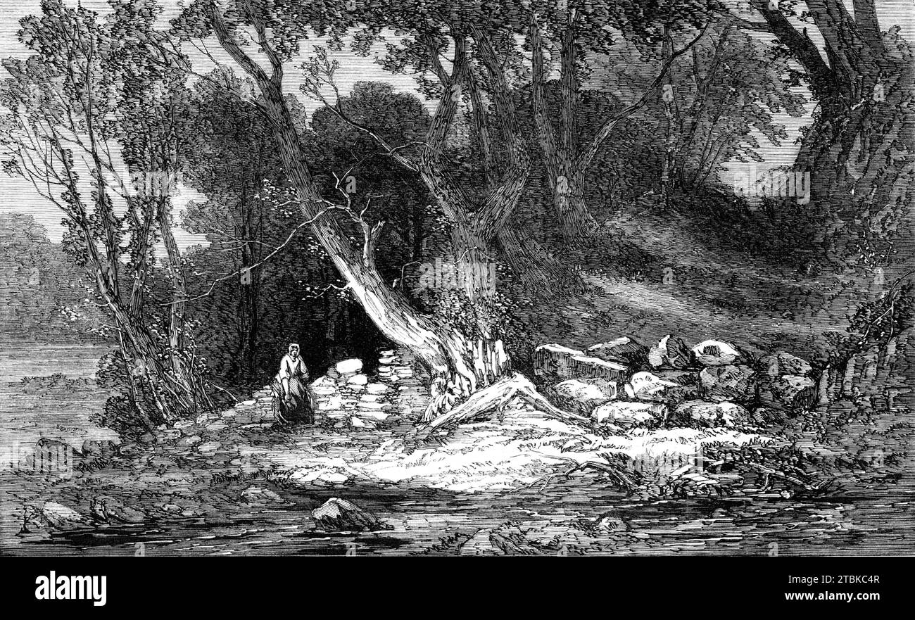 "The Woodland Glade", par G. Chester, de la Royal Academy Exhibition, 1861. Gravure à partir d'un tableau. « En ce temps chaud, il est délicieux de tomber sur une retraite aussi fraîche et calme que celle représentée dans le paysage intelligent de M. Chester, "The Woodland Glade", exposé à la Royal Academy, composé d'eau, de roche et d'arbres sauvages éparpillés, dans un désordre admirable. Il a évidemment été pris de la nature, et sélectionné avec un œil fin pour le pittoresque." Extrait de "Illustrated London News", 1861. Banque D'Images