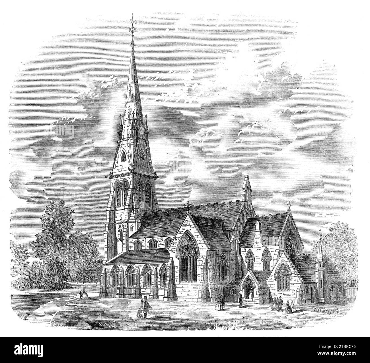 Nouvelle église congrégationnelle à Lewisham, Surrey, 1861. 'Cette église... est située sur la route haute à l'angle de Brockley-Lane. Il est construit dans le style gothique. Le plan se compose d'une tour d'entrée, avec des approches à la galerie, nef, allées nord et sud, avec transepts de chaque côté, et choeur... Intérieurement, le bâtiment est d'une importance considérable, la nef étant divisée en cinq baies, par des arches jaillissant de chapiteaux sculptés, soutenus par des piliers légers et élégants... les transepts ouvrent dans la nef par des arches audacieuses, et, avec l'arc-choeur, des écrans, et d'autres accessoires, présen Banque D'Images