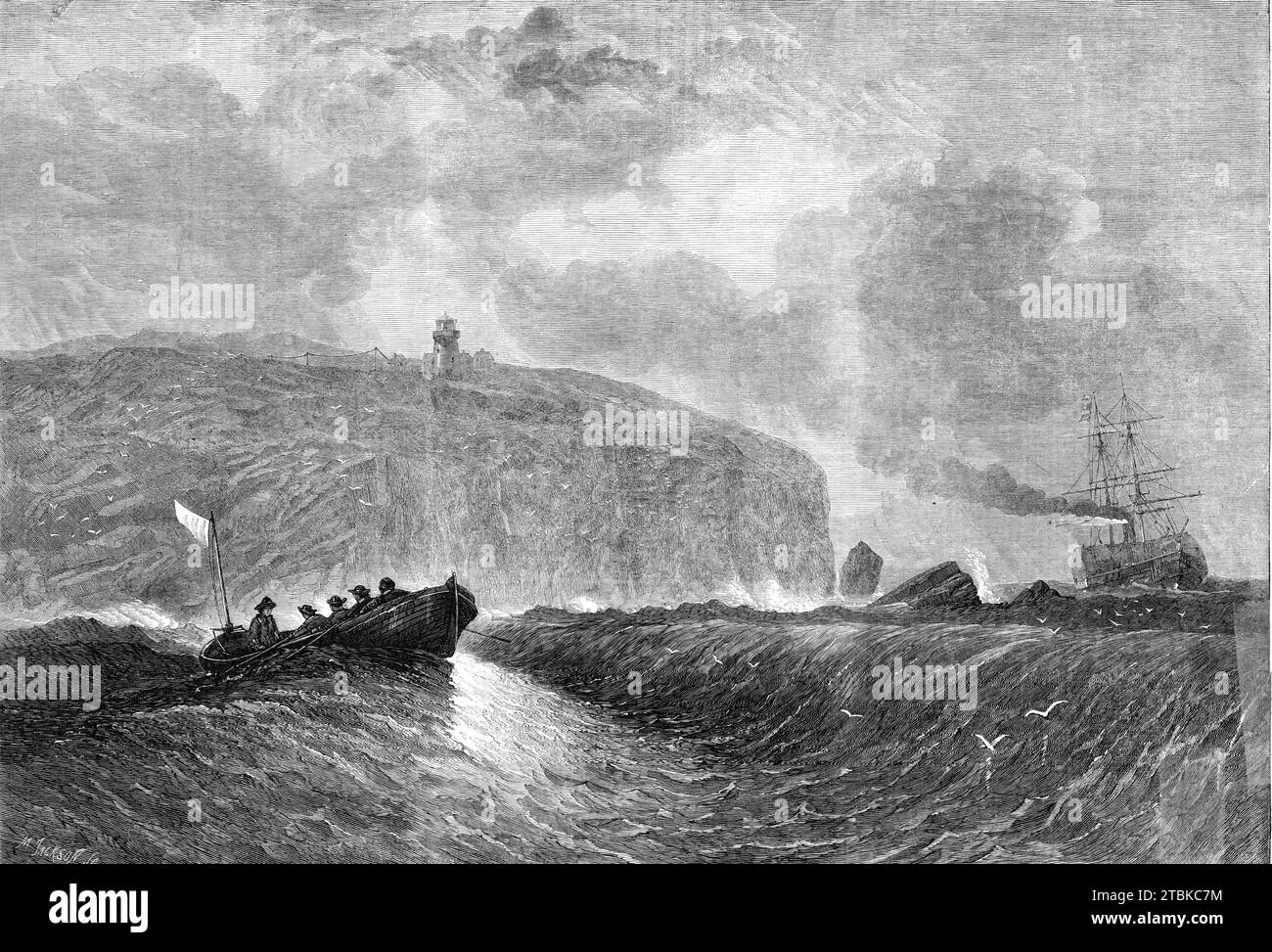 Cape Race, Terre-Neuve, la fin du système télégraphique américain, 1861. 'L'événement le plus important de la semaine a été l'achèvement de la grande ligne télégraphique continentale, unissant San Francisco à New York, et donc avec Cape Race, Terre-Neuve - une ligne connectée de 6000 miles, et la plus longue du monde. Il a été terminé le 25 octobre, et un message a été échangé entre les maires de San Francisco et de New York. Extrait de "Illustrated London News", 1861. Banque D'Images