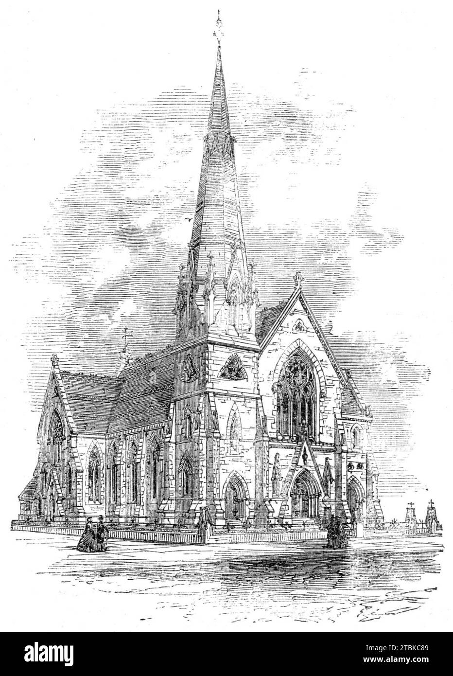 New Wesleyan Chapel, Mornington-Road, Southport, Lancashire, 1861. « Le style d'architecture dans lequel le bâtiment est conçu est le gothique décoré au début. Extérieurement, la caractéristique principale qui rencontre l'œil est la flèche, 130 pieds de hauteur jusqu'au sommet du funial folié et doré par lequel il est surmonté. Environ vingt pieds sous ce funial il y a un cercle de lumières d'orage à pignons... le pignon avant principal porte sur son sommet un funial en pierre de conception quelque peu nouvelle, et est percé d'une grande fenêtre à cinq lumières, dont la tête est remplie de tracery...in élaboré le centre de la façade est le p Banque D'Images