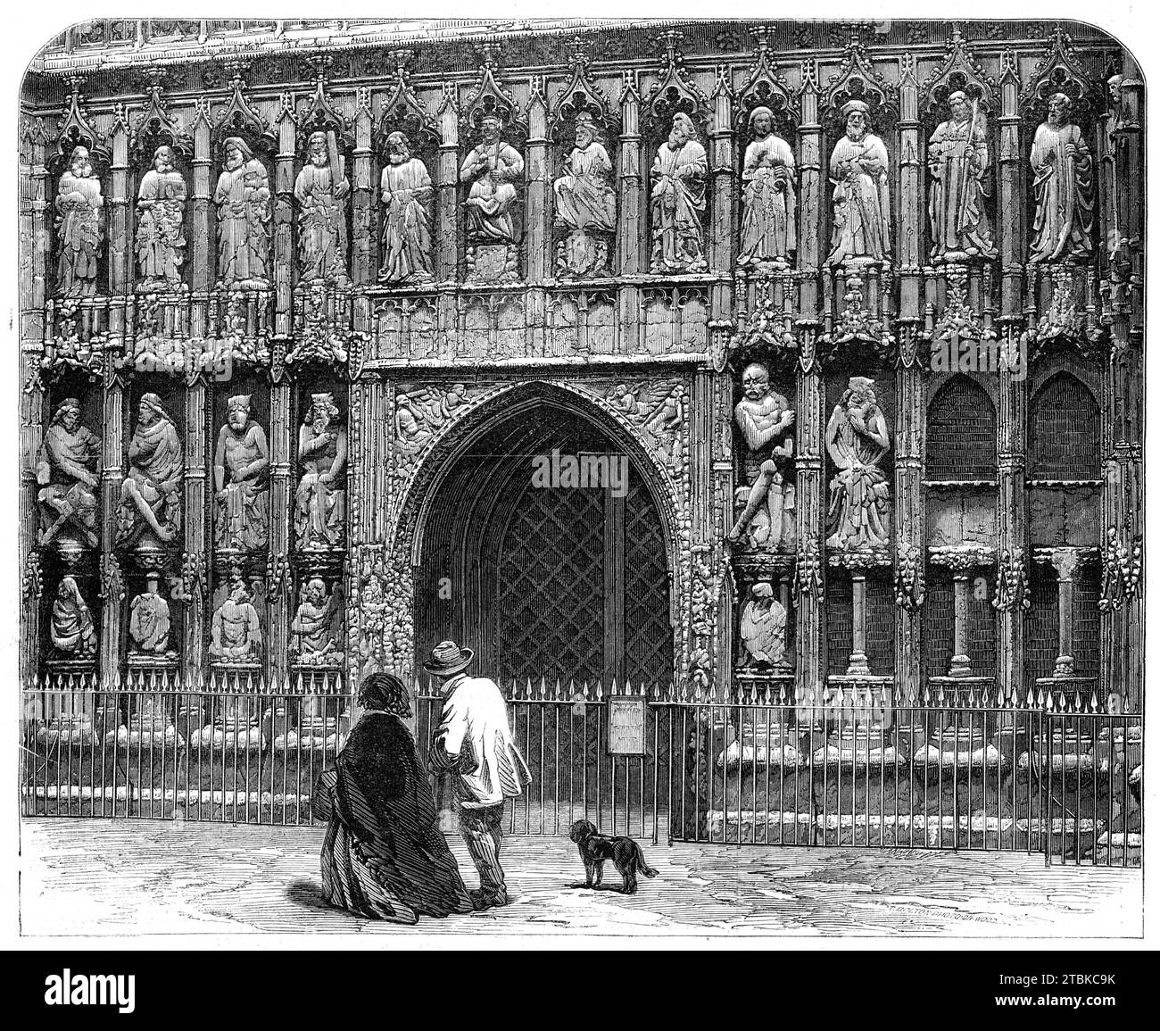 The British Archaeological Association at Exeter : west Screen of Exeter Cathedral, 1861. façade en pierre sculptée du 14e siècle. D'après une 'photo sur bois' de T. Bolton, publiée dans "Illustrated London News", 1861. Banque D'Images