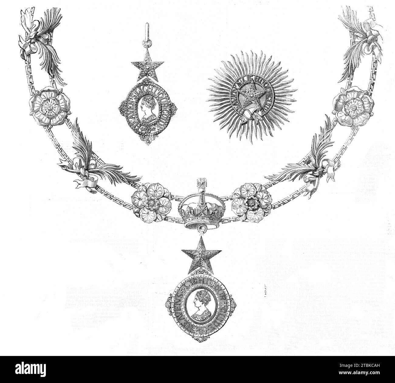 Insigne de l'ordre de chevalier l'étoile de l'Inde, 1861. '...sa Majesté, désireuse de donner aux princes, chefs et peuple de son empire indien un témoignage public de sa considération par l'institution d'un ordre de chevalerie par lequel sa résolution de prendre sur elle le gouvernement des territoires de l'Inde peut être commémorée, et par lequel elle peut être en mesure de récompenser le mérite et la loyauté remarquables, avait institué et constitué cet ordre de l'ordre le plus exalté de l'étoile de l'Inde... l'insigne... a été conçu et fabriqué par Messieurs Garrard, du Haymarket... le collier est co Banque D'Images