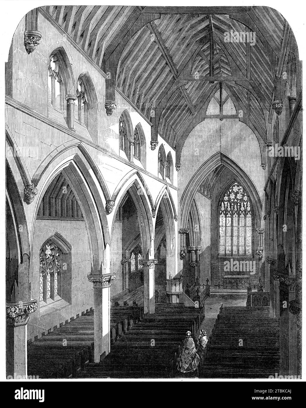 Nouvelle église de St. Luke, Euston-Road, St. Pancras, [Londres], 1861. 'Les travaux ont été... interrompus pour manque de fonds jusqu'en 1860, quand ils ont été recommencés ; et l'église, moins la tour et la flèche, a été achevée, et consacrée par le Lord Bishop de Londres le 30 mai dernier, le révérend Charles Henry Andrews étant le titulaire. L'église se compose d'une nef, d'allées, d'une galerie à l'extrémité ouest et d'un grand choeur ; et peut accueillir 1200-600 adultes et 200 enfants étant gratuit sur ce nombre. Le site a été donné par la Compagnie des Skinner, et l'église a été érigée par des subventions accordées par le C ecclésiastique Banque D'Images