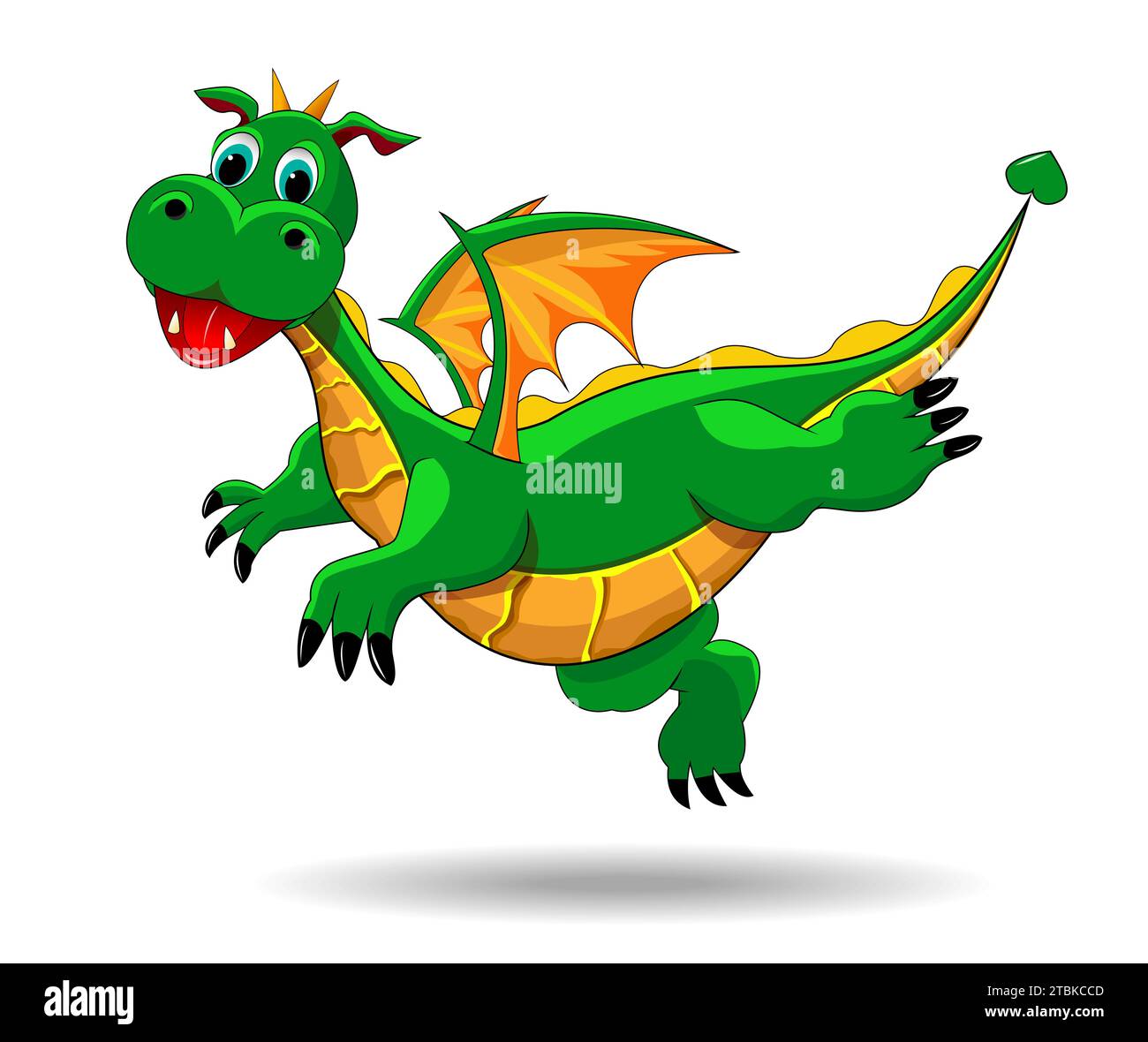 Dragon vert de dessin animé volant sur un fond blanc. Drôle de personnage de conte de fées. Dinosaure vert. Illustration de Vecteur