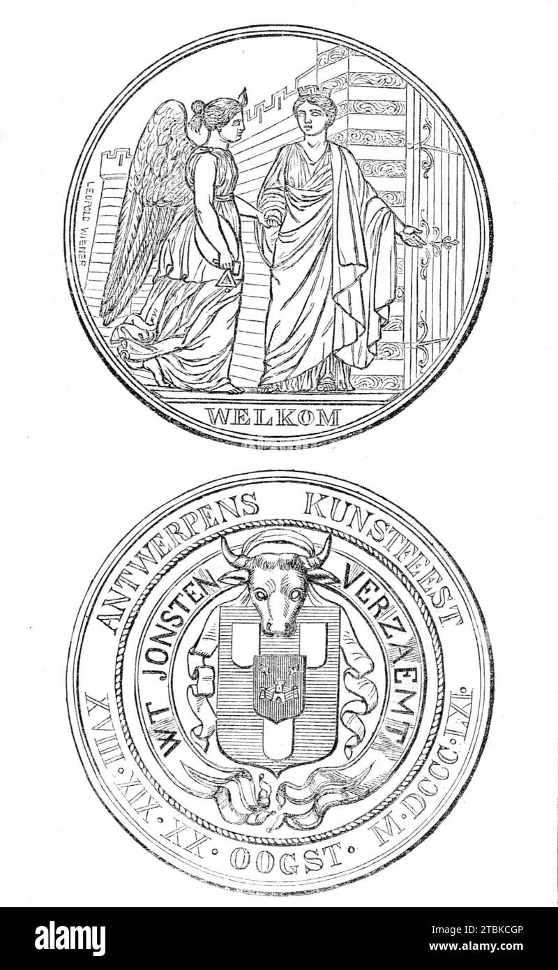 Médaille frappée par la ville d'Anvers en commémoration des fêtes d'Art, août 1861. Médaille de bronze de Leopold Wiener. Avers : femme couronnée (la vierge anversois), debout près de la porte ouverte, tenant la main d'un ange. Inscription : 'Welkom'. Revers : armoiries sous tête de boeuf, entourées de l'inscription : 'Antwerpens Kunstfeest - WT Jonsten verzaemet'. Extrait de "Illustrated London News", 1861. Banque D'Images