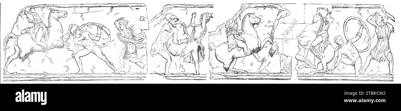 Parties de la Frise de la tombe de Mausolus, 1861. Gravure '...from une série de dalles censées avoir fait partie de la frise au sommet des colonnes formant les quatre côtés du mausolée. Ces dalles ont été trouvées sur la partie est du bâtiment et peuvent donc être attribuées à Scopas en toute sécurité. Le sujet d'eux était la bataille des Amazones. [La frise fait partie du grec ancien] vestiges sculptés, le résultat des fouilles menées par M. C. T. Newton, alors vice-consul à Mitylène, sur le site et dans le voisinage du mausolée à Halicarnasse, maintenant connu par le Banque D'Images