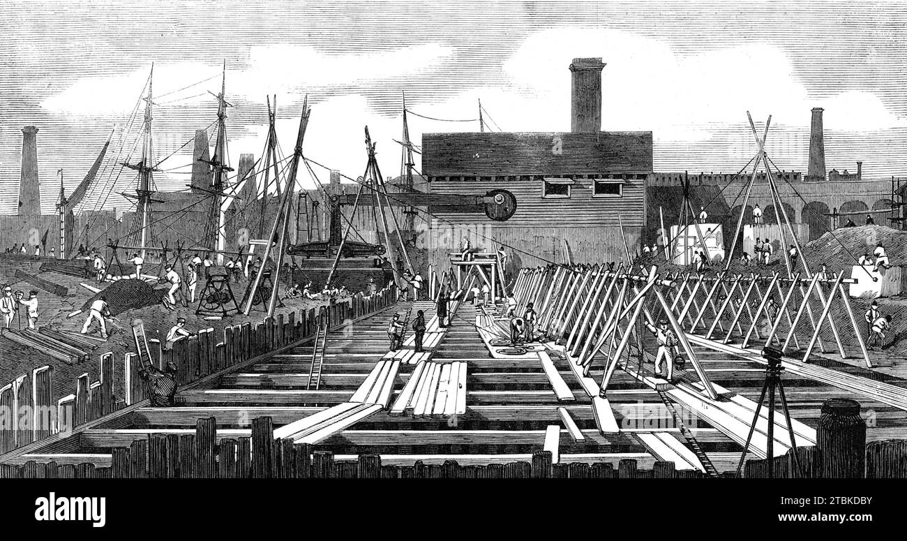 London main drainage : station de pompage à Deptford Creek, 1861. « L'égout de bas niveau sud est destiné à s'étendre de Wandsworth à Deptford, en passant par les champs de Battersea jusqu'à la route de Brixton, et le long des districts de bas niveau jusqu'à sa jonction avec l'émissaire de Deptford, dans lequel il doit être soulevé par pompage. La zone de drainage de cet égout est d'environ vingt-deux milles carrés. Deux autres égouts secondaires sont nécessaires pour achever le drainage du district sud - l'un de Bermondsey à Deptford, l'autre pour intercepter le drainage de la rivière EFFRA. L'égout de l'émissaire sud va co Banque D'Images