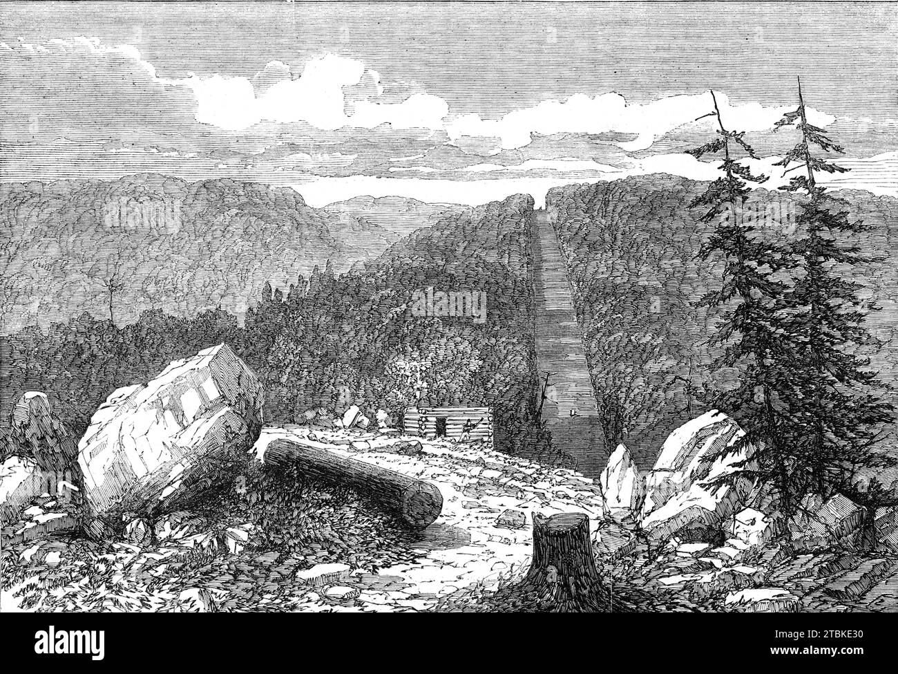 La ligne de démarcation entre les États-Unis et le Canada, 1861. Notre illustration représente une portion de la ligne de démarcation où elle traverse le chemin de fer du Grand tronc ou plutôt la branche de celui-ci qui relie le port atlantique de Portland, dans l'État du Maine, à la ligne entre Montréal et Québec. La ligne de démarcation est droite à ce point, mais devient ensuite déformée, en suivant les cours des ruisseaux et une partie de la rivière Saint-Jean. Là où la ligne passe à travers les étendues sauvages, les arbres ont été coupés de manière à laisser une avenue ouverte - des poteaux de pierre étant installés à i Banque D'Images