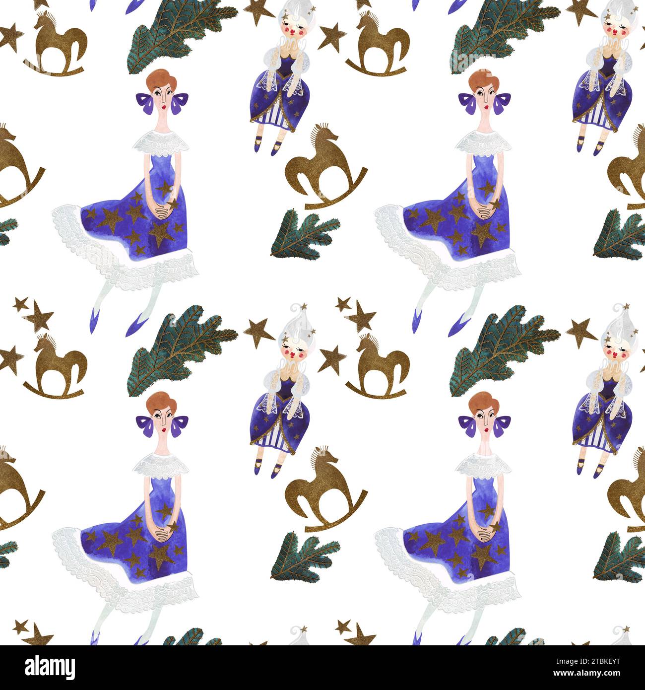 Princesse, poupée et branches de sapin. Motif aquarelle sans couture pour le papier d'emballage du nouvel an et de Noël. Cadeaux de style vintage pour les enfants sous le Chr Banque D'Images