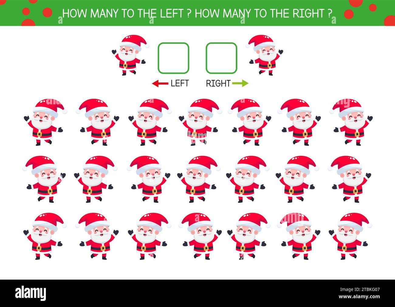 Feuille de travail de Noël pour les enfants avec le Père Noël mignon. Combien à gauche et combien à droite. Comptage des activités pour la maternelle et la maternelle Illustration de Vecteur