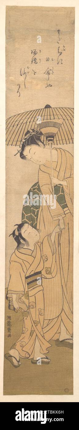 Femme et fils sous un parapluie 1911 par Isoda Koryusai Banque D'Images