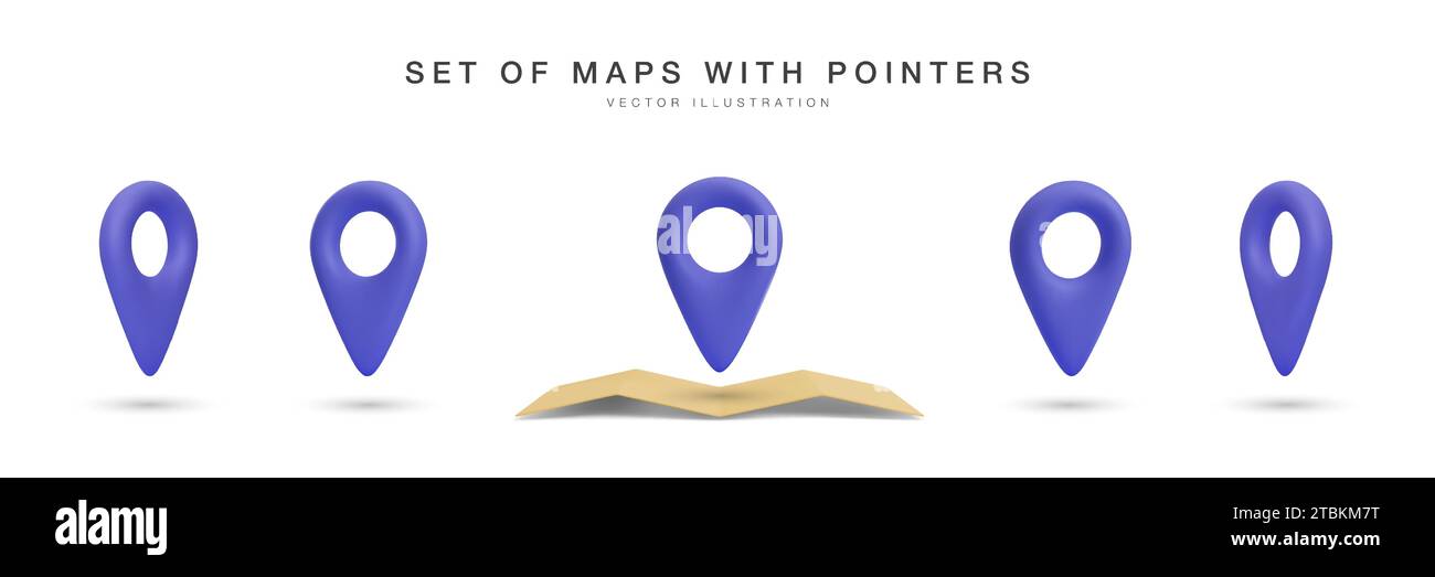 Carte 3D réaliste avec ensemble de pointeur bleu dans différentes vues isolées sur fond blanc. Illustration vectorielle. Illustration de Vecteur